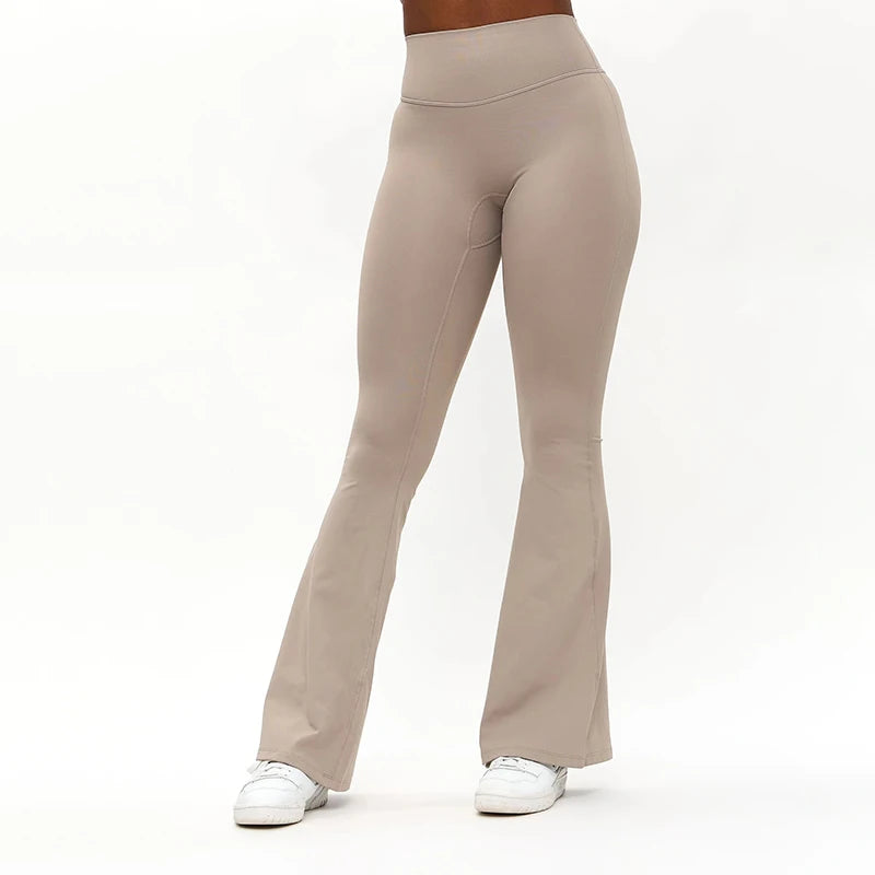 Custom Logo 4-way Stretch Flare Legging High Rise Glute Contour Back No Front Rise Seam Flared Yoga Gym Fitness Leggings