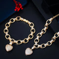 Gold Plated Micro CZ Paved Cubic Zirconia Love Heart Shaped Chain Link Jewelry Sets Women Charm Pendant Necklace and Bracelet