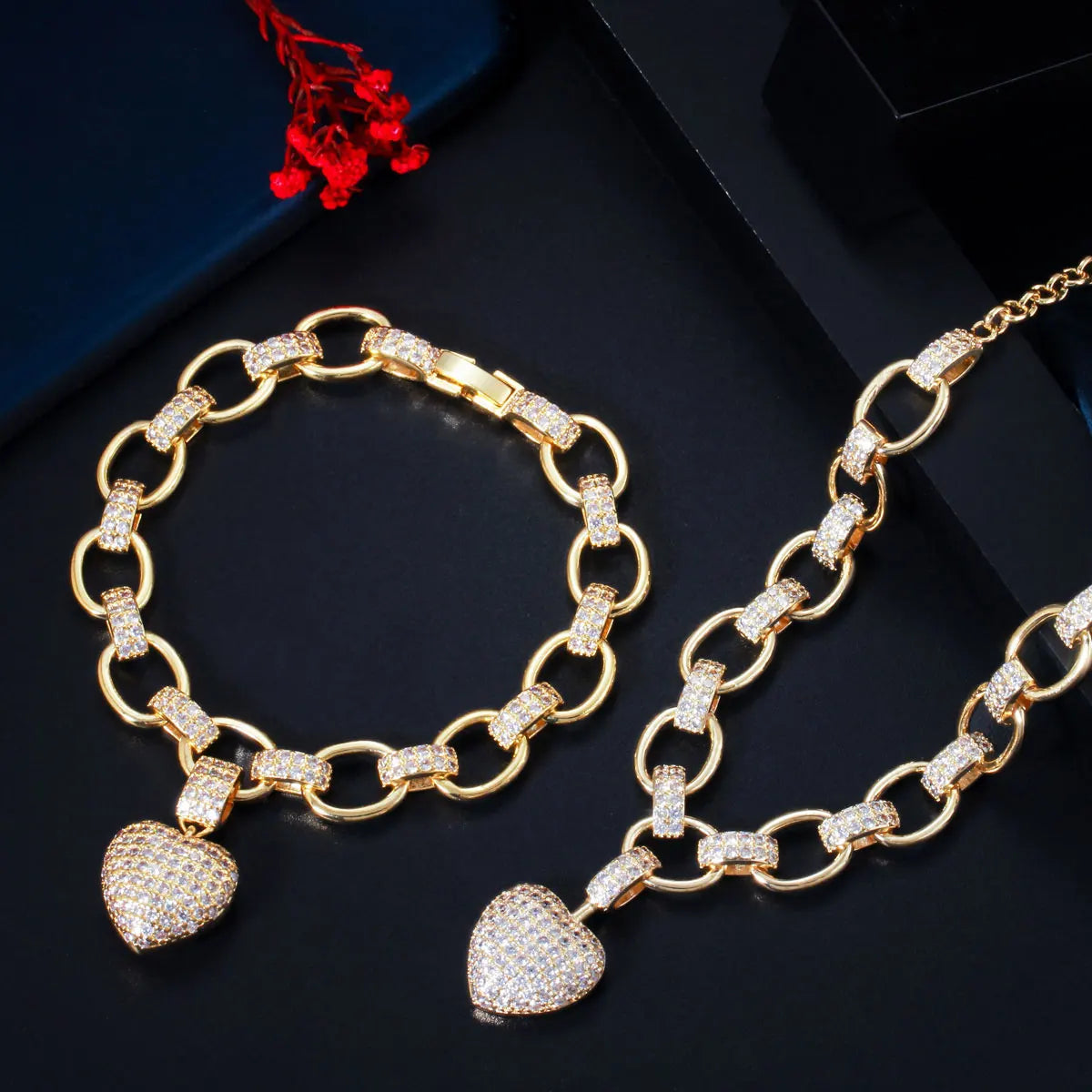 Gold Plated Micro CZ Paved Cubic Zirconia Love Heart Shaped Chain Link Jewelry Sets Women Charm Pendant Necklace and Bracelet