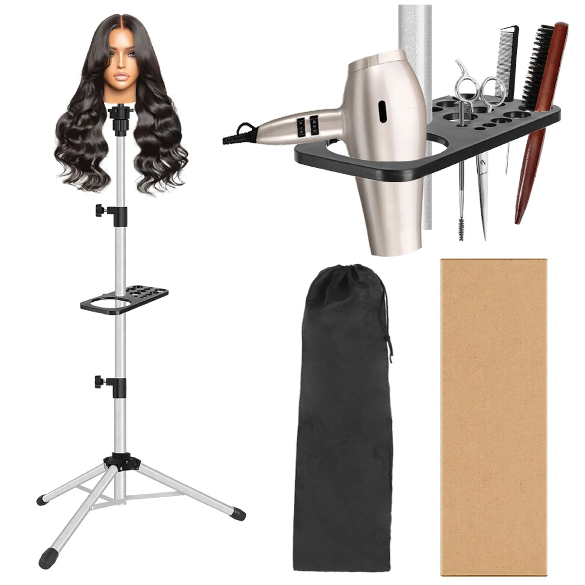Leeons Black Iron Wig Mannequin Head Holder Stand Tripod with Square Tray for Wig Making Hair Extensions