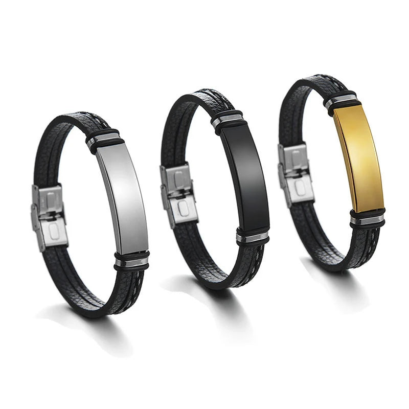 Simple Design Black Curve Bar Leather Bracelet Custom Logo Buckle Silver Color Clasp Men Bracelet Stainless Steel Men's Bracelet
