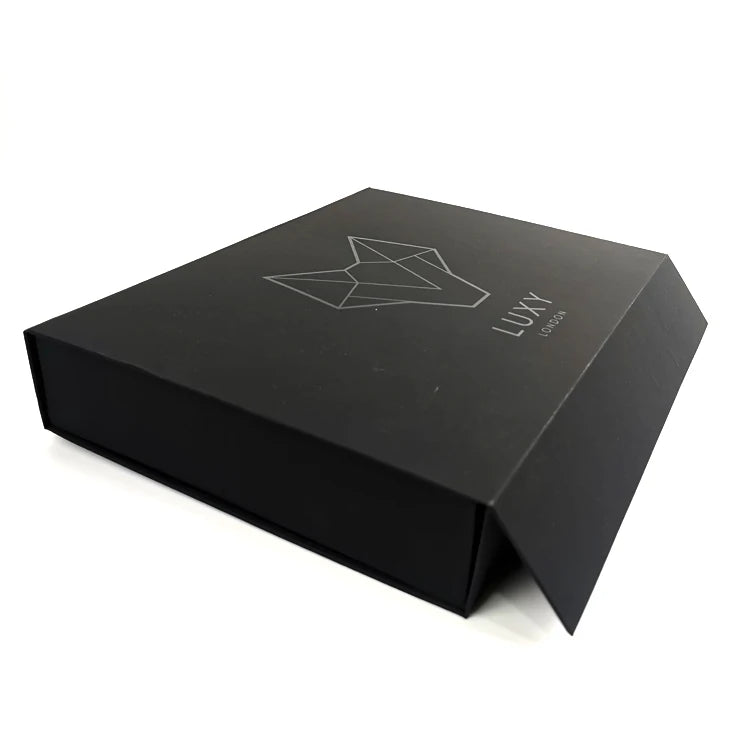 Custom Luxury Logo Printed Black Flat Folding Gift Boxes with Magnetic Lid Glossy/Matt Lamination & Embossing