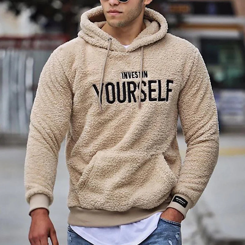 Fengway Custom Embroidery Logo Men Winter Warm Hooded Sweatshirt Thick Fleece Pullover Hoodies for Men
