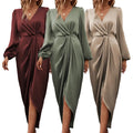 Women's Autumn and Winter Office Dress with Sweet Style New Design Solid Color Waist Slit V-neck Long Sleeve Maxi Length