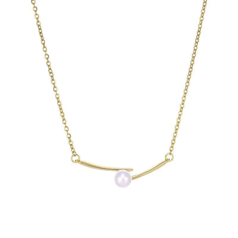 Korean Fashion S925 Sterling Silver Round Pearl Necklace Simple Strip Initial Necklace for Women Jewelry
