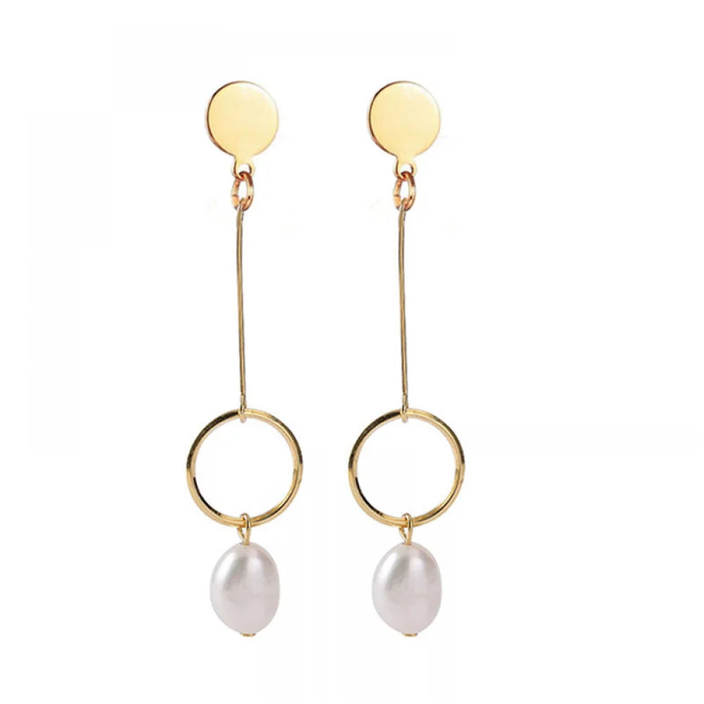 Wholesale Women Jewelry Statement Geometric Circle Long Stainless Steel Large Fresh Water Pearl Drop Earring