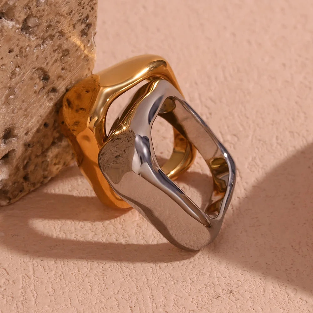 Geometric Square Gold Plated Ring Minimalist Chunky Stainless Steel Rings Women Jewelry