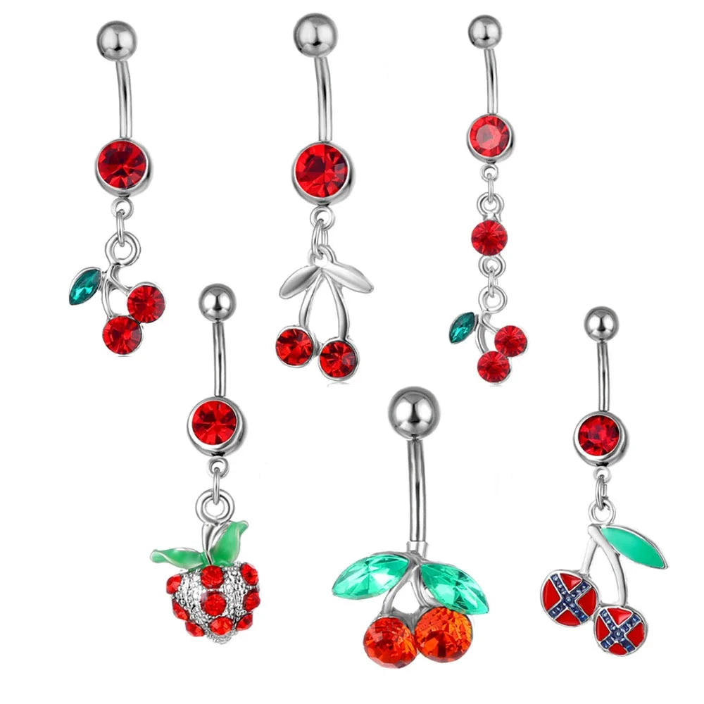 Gaby New Sale Belly Button Rings Surgical Steel Cherry Belly Ring Long Dangle Belly Button Ring Wholesale Body Jewelry
