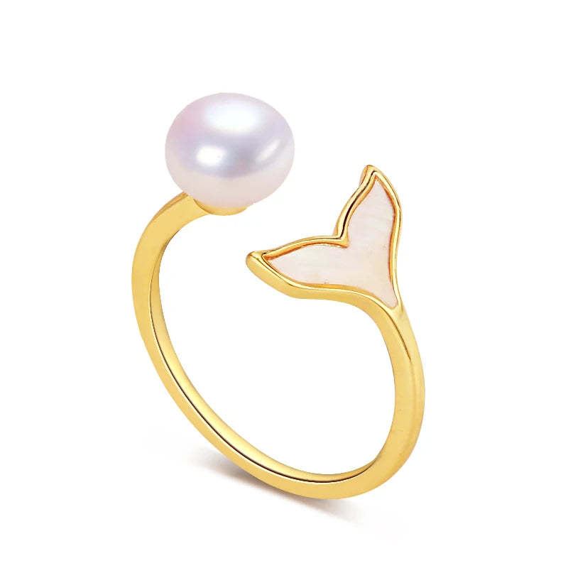 Wholesale 18k Gold Plated Sea Shell Fish Tail Elegant Natural Freshwater Pearl Ring Jewelry Women
