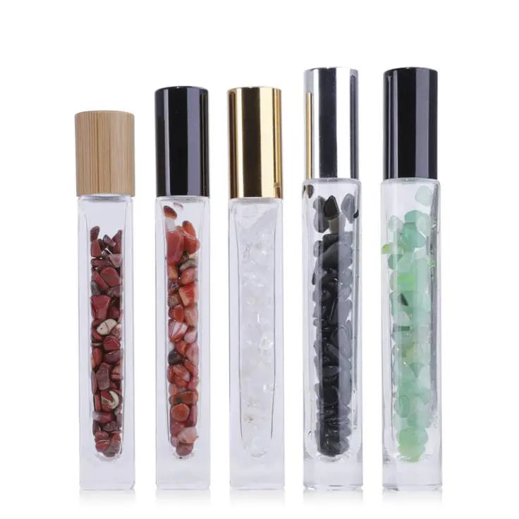 In Stock Top Grade Luxury 10ml Square/round clear Glass Roll on Bottle With Gemstone/crystal Roller Aluminium Cap for Cosmetics