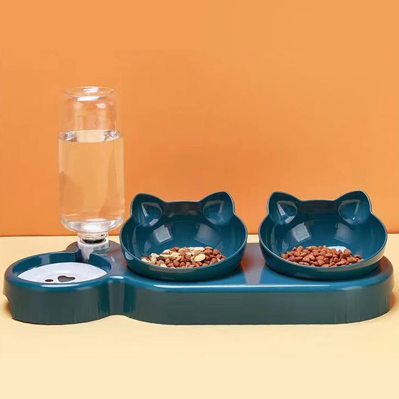 Triple Cat Bowls Pet Feeder 2-in-1 Double Bowls with Automatic Drinking Bottle Tilted and Rotatable Design for Cats and Dogs
