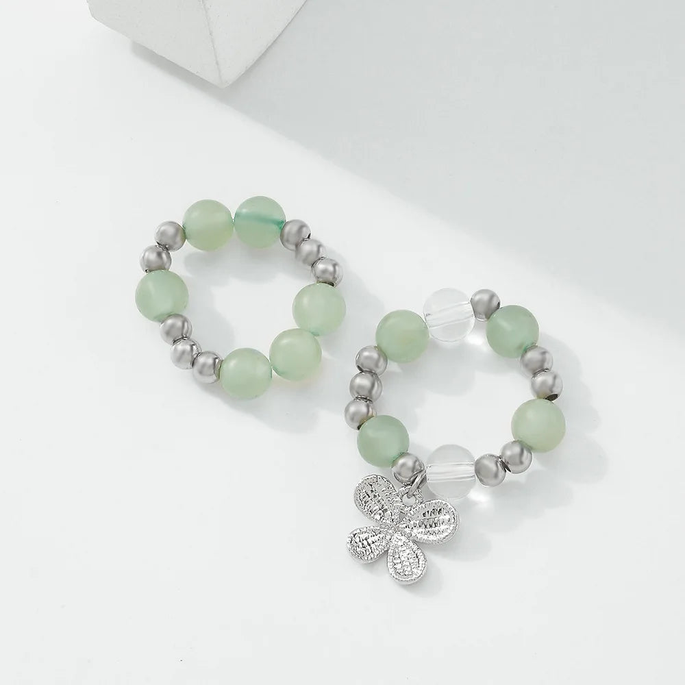 Cute Handmade Boho Rings 2pcs/set Bohemian Green Beaded Rings Resin Acrylic Flower Ring Set