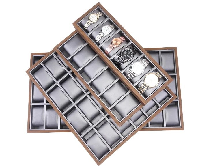 Luxury 6 12 24 30 Slots Walnut Wooden Grain Watch Storage Tray Mens Watch Display Organizer Tray With Watch Holder