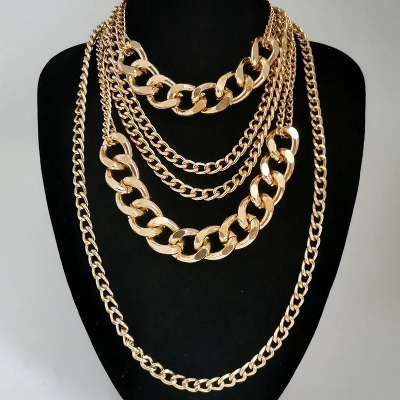Exaggerated Punk Hip Hop Mixed Long Chunky Heavy Metal Choker Necklace Gold Plated Multi-Layer Thick Chain Necklace
