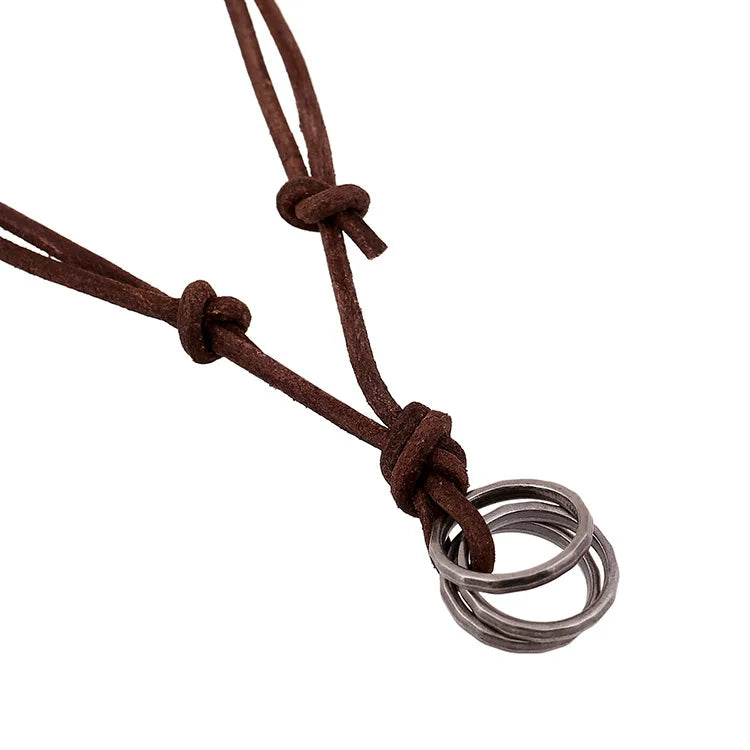 Vintage Personality Cowhide Necklace Simple Retro Treble Circle Pendants Genuine Leather Necklace Men Jewelry