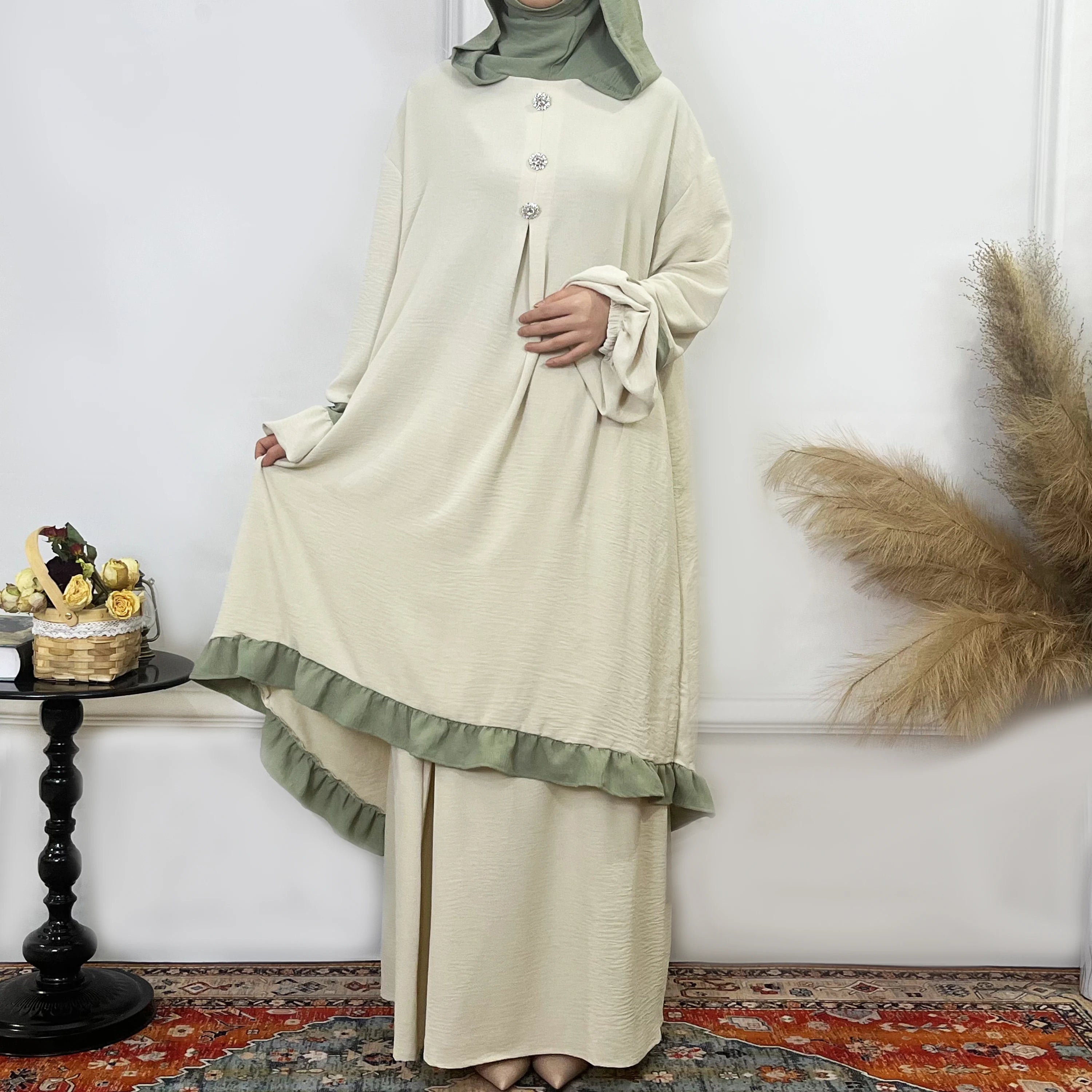 New Bubble Sleeve Design Two Piece Set With Hat Plus Bottom Hat Design Ladies Muslim Dresses