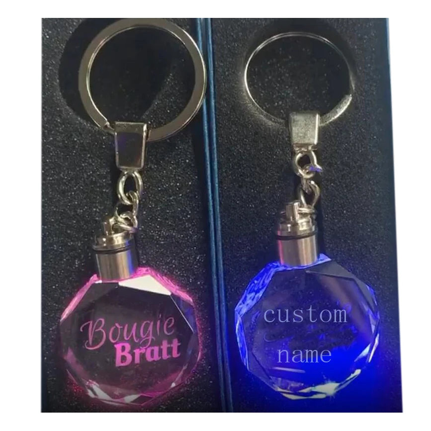 Wholesale Llavero Accessories Custom Name LED 3D Quartz Crystal Keychain with Photo Engraved and Gift Box