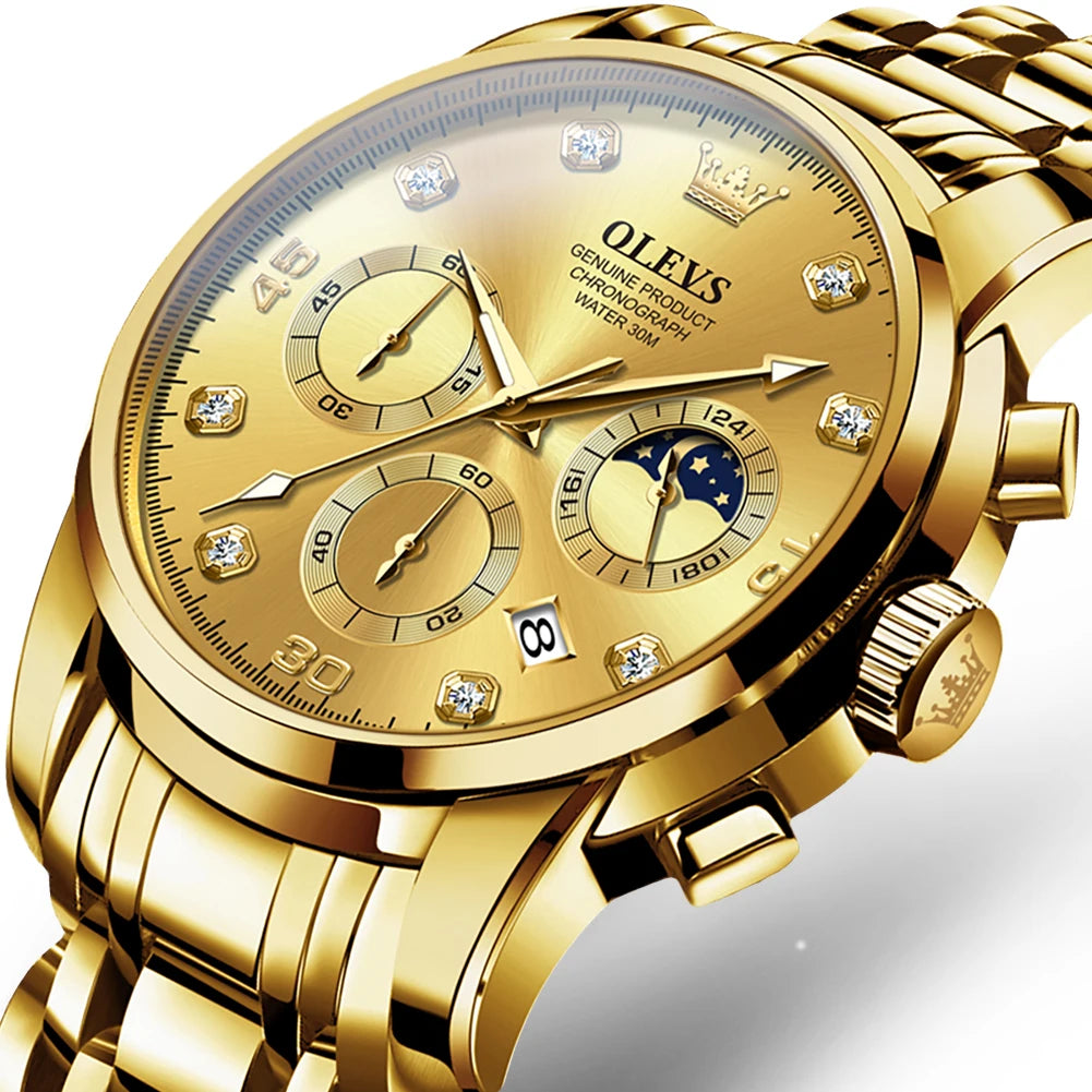 OLEVS 2889 Hot Selling Styles Multifunctional Moon Phase Sport Fashion Chronograph Watch Stainless Steel Quartz Watch for Man