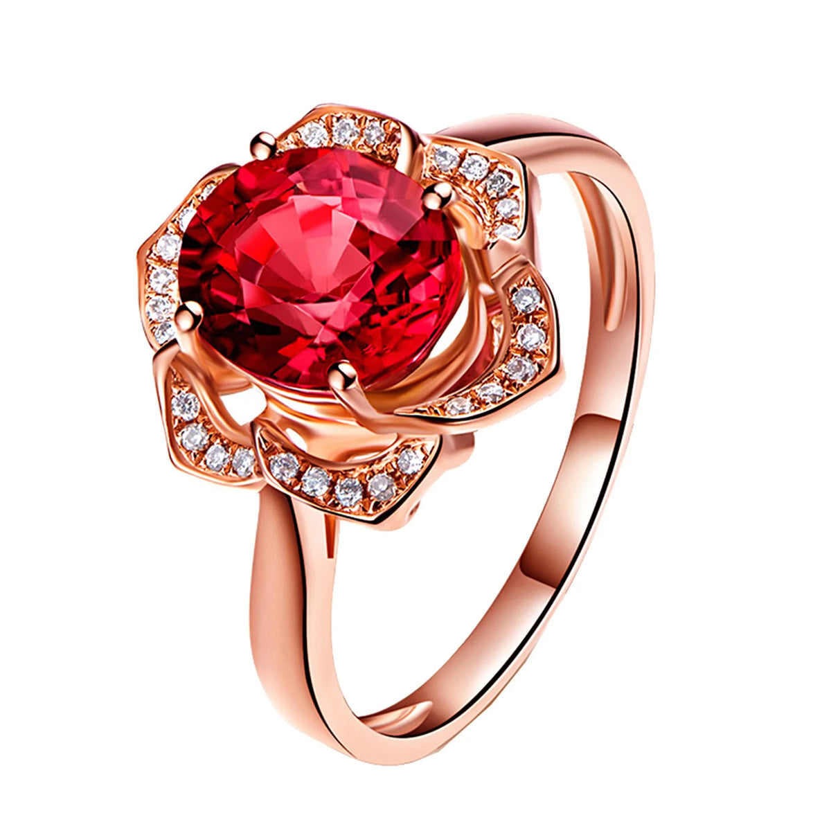Female Jewelry Natural Red Tourmaline Oval Diamond Rose Gold Plated Flower Ring MegaBDM