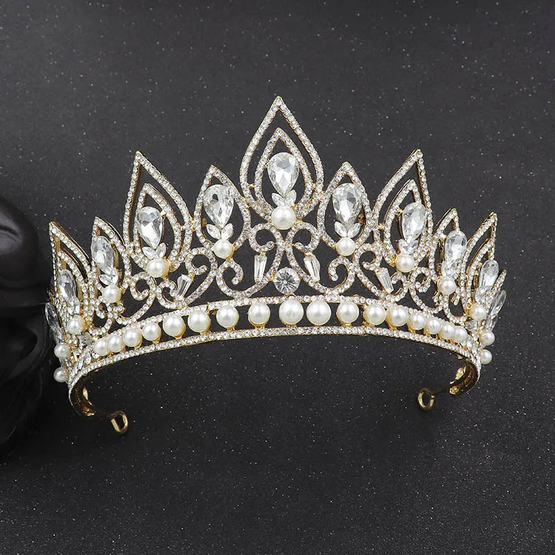 Miallo Baroque Fashion Pearl Crystal Crown Tiaras Alloy Rhinestone Headband Princess Wedding Hair Accessories