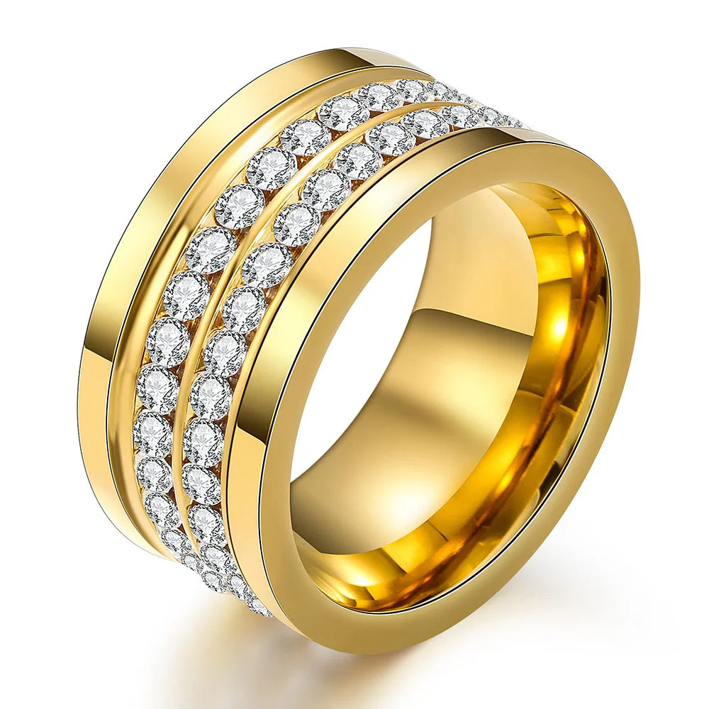 MECYLIFE Channel Setting Diamond Rings Fashion 18k Gold Plated Stainless Steel Band Ring Zircon Engagement Ring