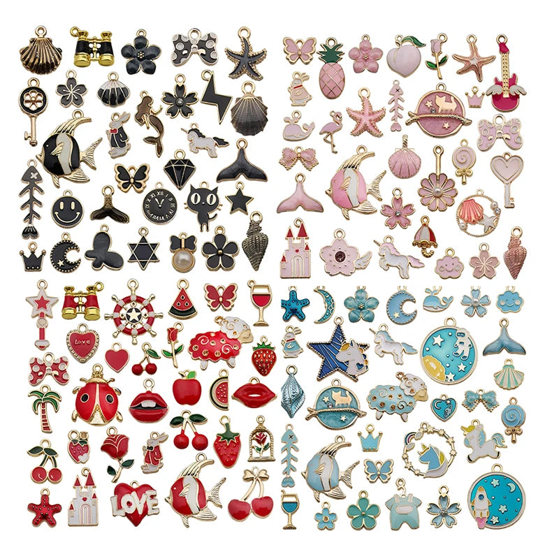 Mixed 31pcs Enamel Heart Animal Birds Tree Lips Flower Star Charms Clips Pendants Handmade Bracelet Jewelry Making Accessories