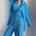 S-2XL Autumn New Women's Three-piece Suit Long Sleeved Shirt Drawstring Short Sleeve Top Wide Leg Pants Casual Set
