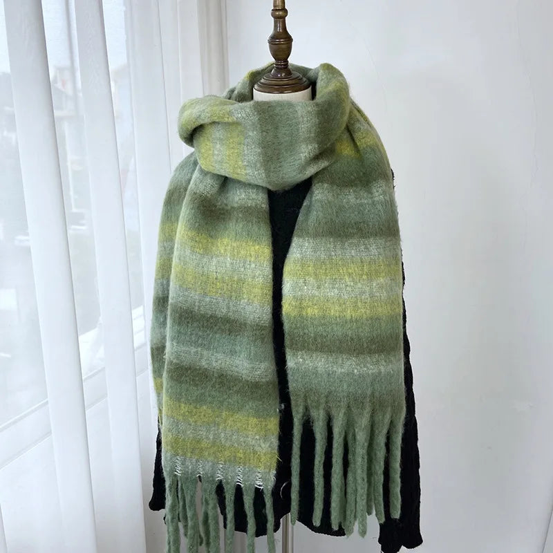 Autumn Winter Ladies' Soft Warm Mohair Scarf Korean Style Long Wool Plaid With Tassel Digital Printed Polyester Wholesale