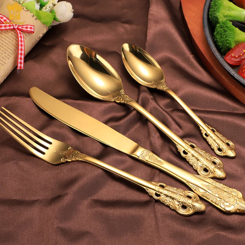 LEHAO Luxury Vintage Gold Mirror Polish Stainless Steel Spoon Fork Wedding Flatware Set for Home Hotel Restaurant Use