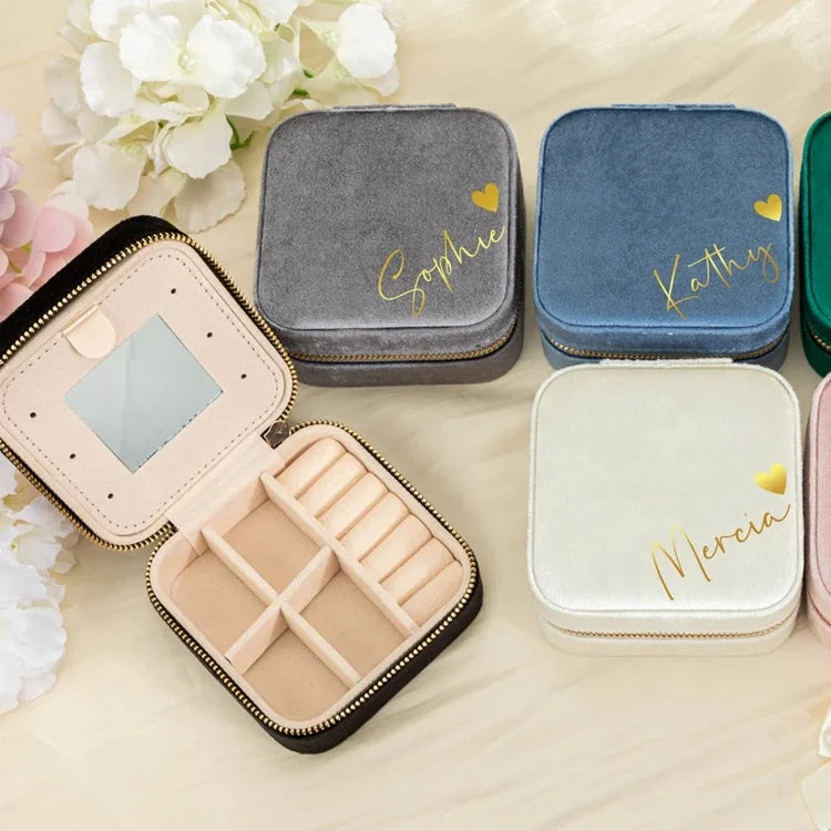 Wholesale Personalized Logo Travel Jewelry Storage Organizer Case Joyero De Viaje Custom Plush Velvet Jewelry Box With Mirror