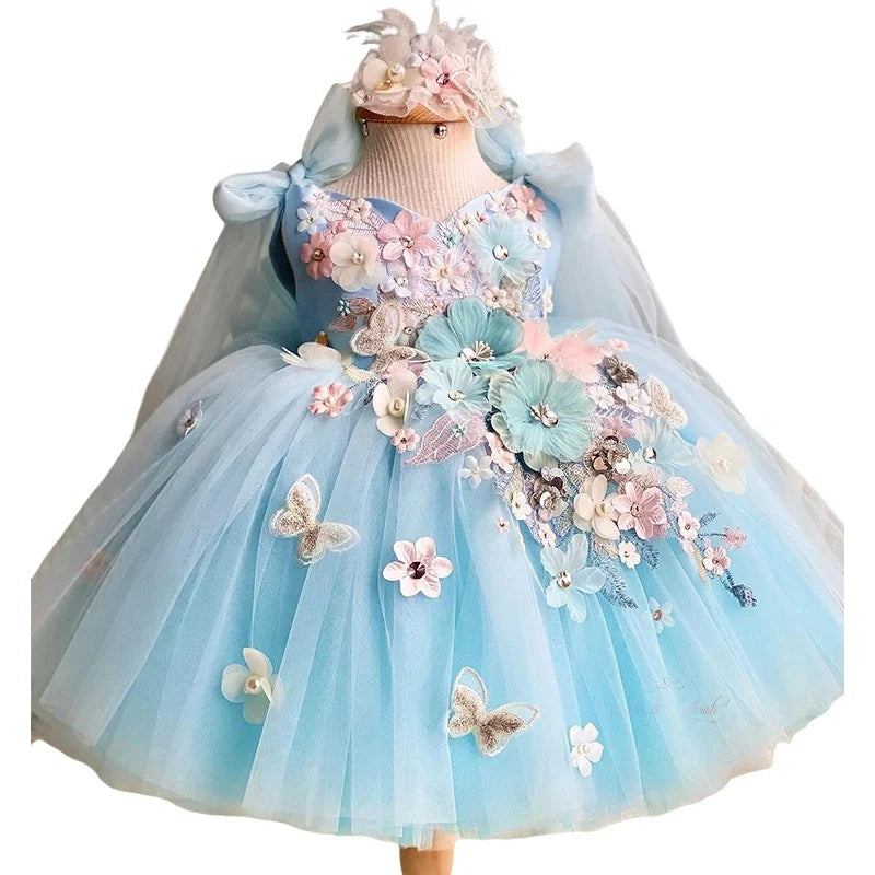 First Birthday Lolita Princess Dress for Girls Children's Sweet Satin Dress Heavy Craft Blue Flower Lace Bow Toddler Puff Skirt