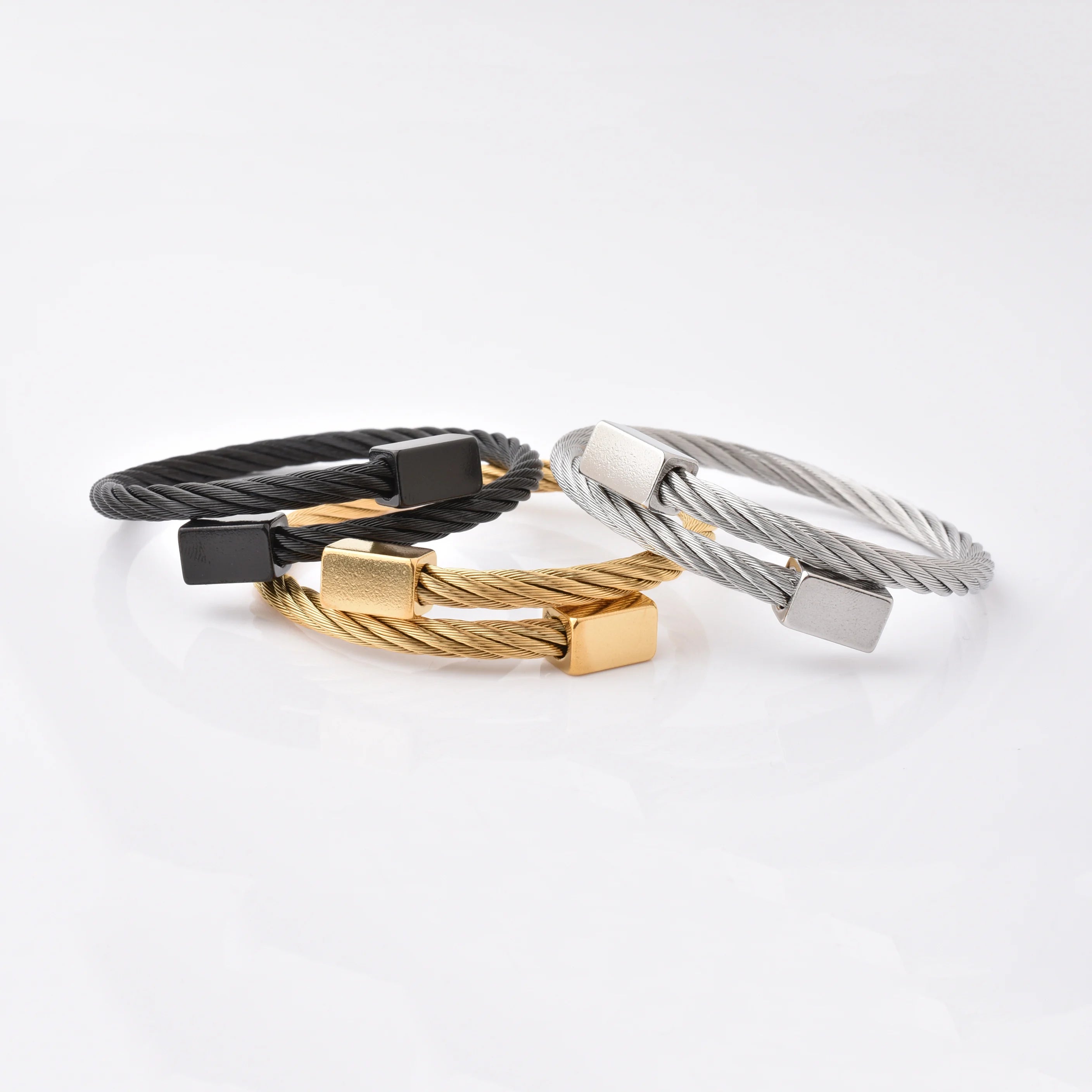 Ready Stock Vintage 316L Stainless Steel Rectangle Twisted Cable Cuff Gold Silver High Polished Adjustable Unisex Bangle