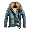 New Men Jeans Jacket and Coats Casual Denim Thick Warm Winter Outwear With Fur Collar Streetwear Hole Men Jacket