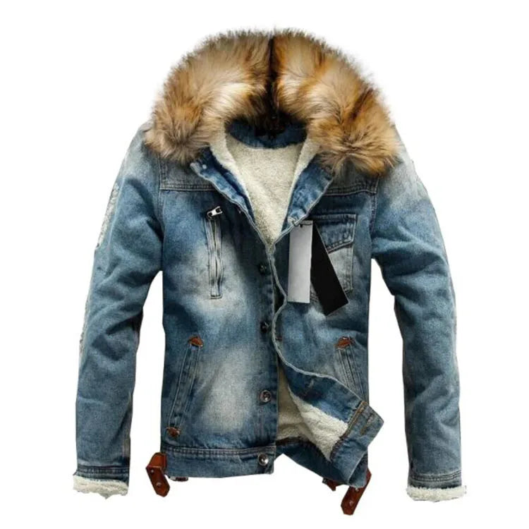 New Men Jeans Jacket and Coats Casual Denim Thick Warm Winter Outwear With Fur Collar Streetwear Hole Men Jacket