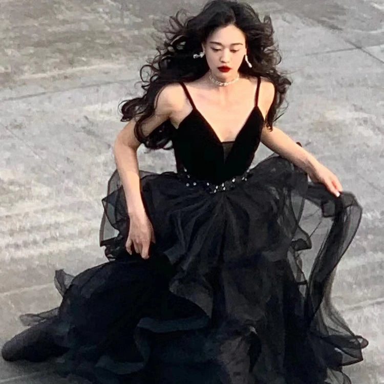 Women Summer Black Temperament Suspenders Party Elegant Prom Evening Dresses