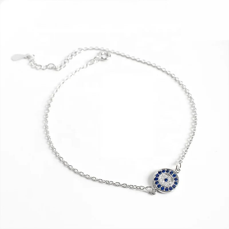 QS268 Fashion 925 Sterling Silver Jewelry Evil Eyes Ankle Bracelet Blue Zircon Ankle Bracelet for Women