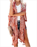 2022 Fashion Beach Sun-protective Women Cardigans Summer Holiday Floral Print Tassel Kimono Mid-length Ladies' Blouses