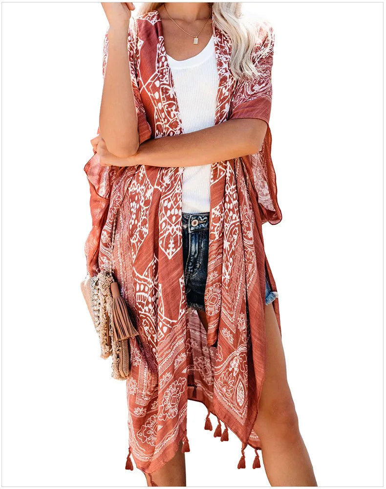 2022 Fashion Beach Sun-protective Women Cardigans Summer Holiday Floral Print Tassel Kimono Mid-length Ladies' Blouses