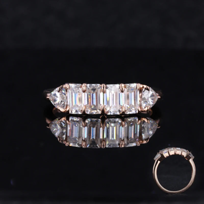 14K Rose Gold Emerald and Triangle Cut Vvs Clarity D Color 6 Stones Moissanite Diamonds Wedding Band