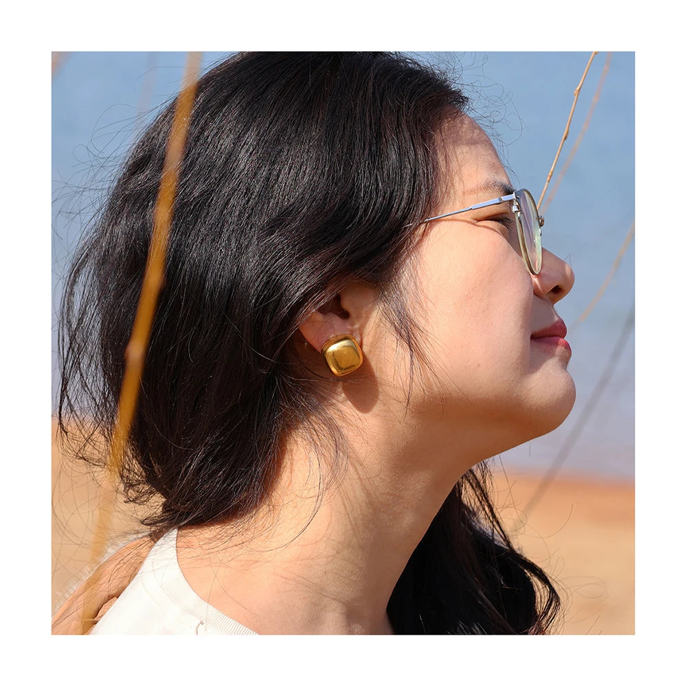 INS Vintage Minimalist Stainless Steel Small Square Metal Three-dimensional Hollow Hoop Earrings for Girls Waterproof