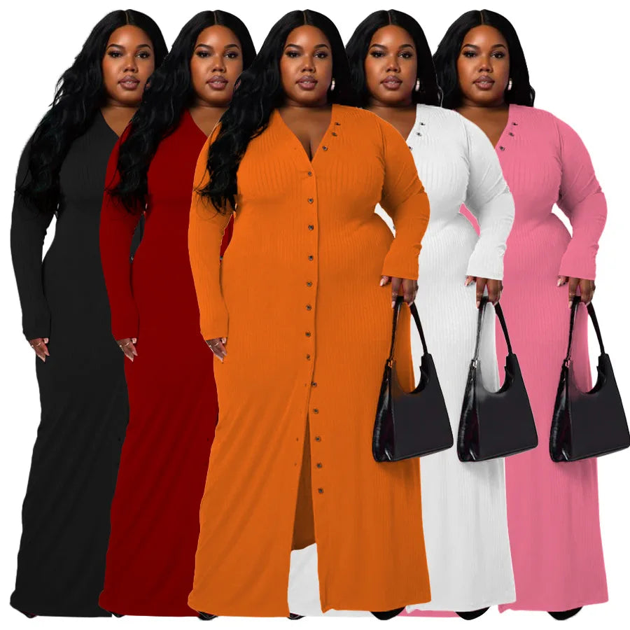 N7701 Autumn Winter Plus Size Dresses Women Casual Single Breasted V-Neck Ribbed Knitting Strip Long Dresses Women Maxi Dress