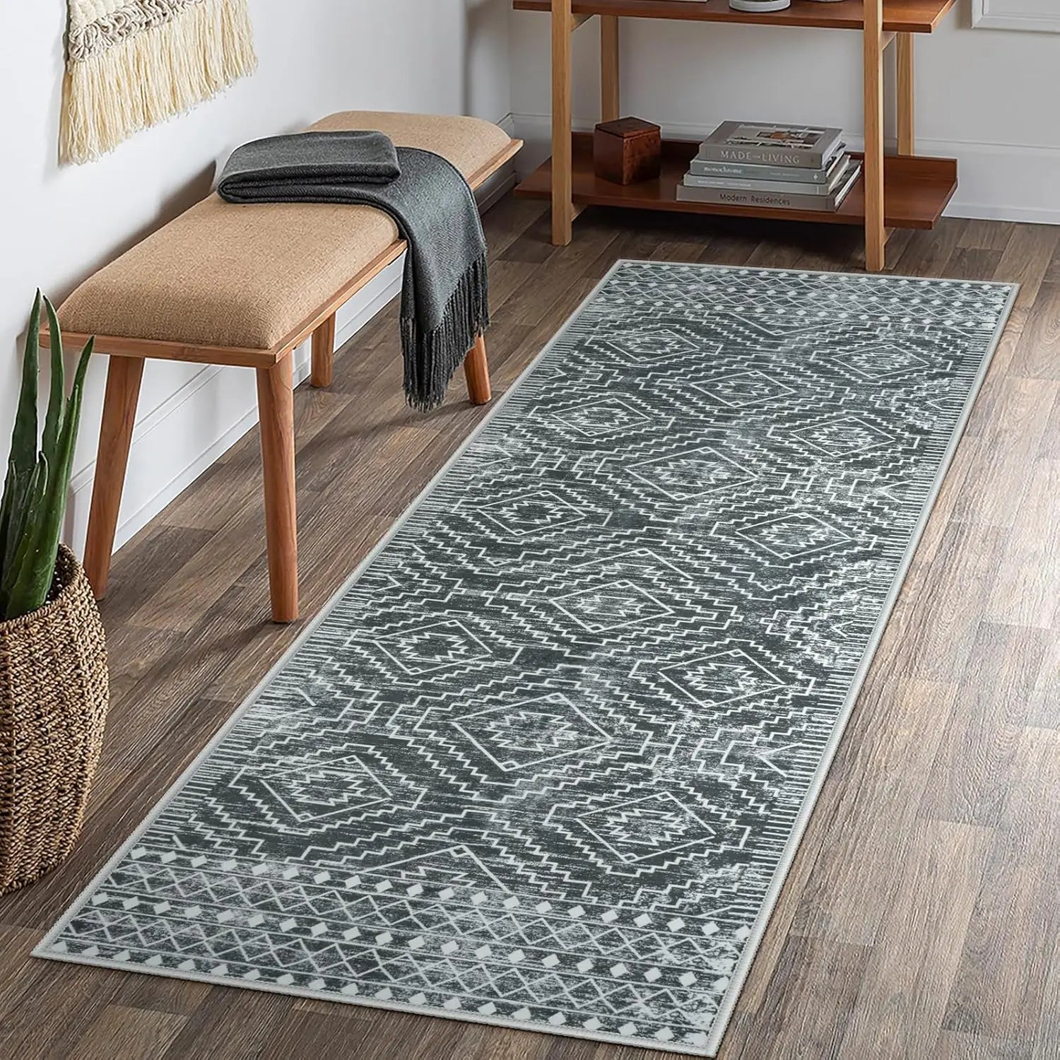 Non-Slip Bohemian Soft Bathroom Throw Mat Washable Geometric Carpet for Entryway 2x6 Grey Moroccan Black Kitchen Runner Rug