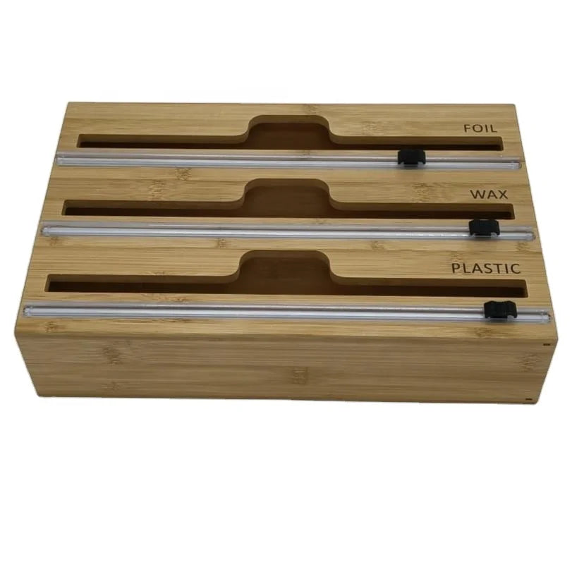3-in-1 Storage Dispenser for Aluminum Foil & Cling Film & Parchment Paper Bamboo Plastic Wrap Dispenser with Slide Cutter