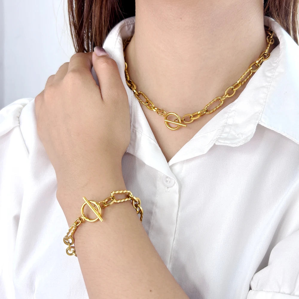 Minimalist PVD Gold Plated Stainless Steel Chain Necklace Texture Link Jewelry Set OT Clasp Rustproof Accessories