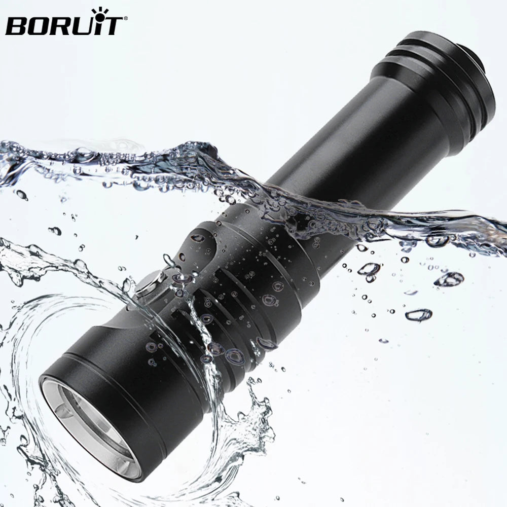 BORUiT Scuba Diving Flashlight IP68 Highest Waterproof Rating Professional Diving Light Powered by 18650/battery With Hand Rope