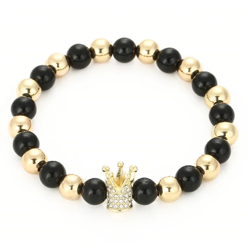 Hematite Beads Crown Energy Personality Stretch Bracelet Gold Obsidian Polished Stone 8mm Natural Black Trendy Natural Gemstone