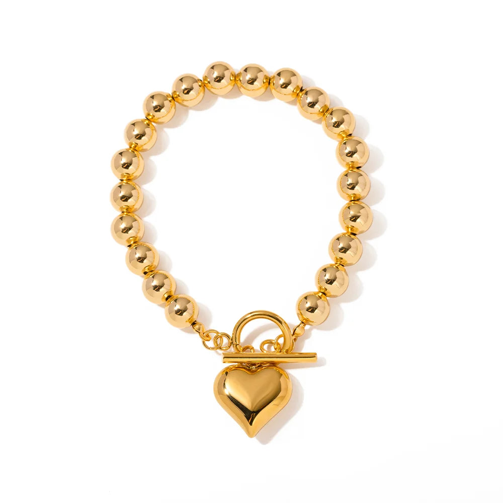 N&S Elegant 3D Fat Peach Heart Round Bead OT Clasp Bracelet 18K Gold Stainless Steel Stylish Trendy Jewelry for Gifts