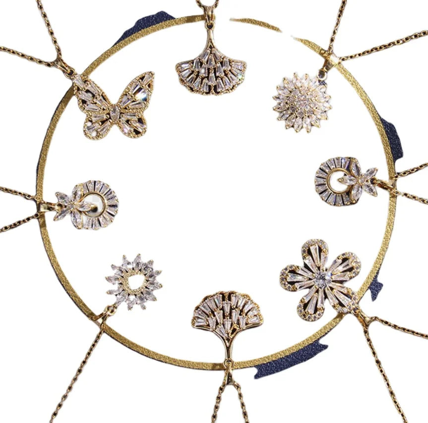 G1757 Fashion Jewelry Titanium Steel Chain Lady Butterfly Flower Zircon Leaf Pendant Necklace