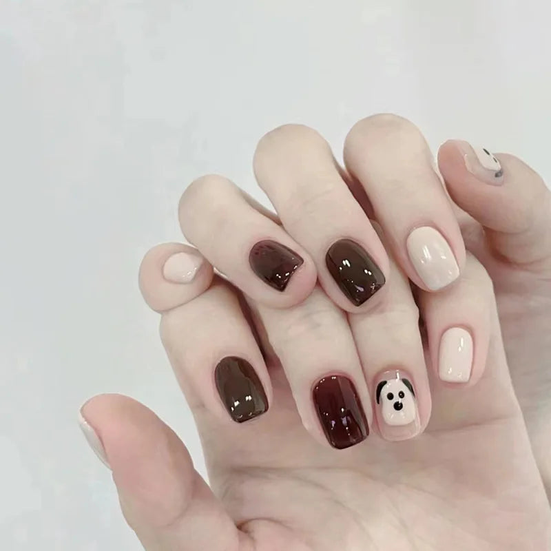 Wholesale Artificial Nails 24 Pieces Classic Cute Dog Square Shape Press on Finger Nails ABS Material