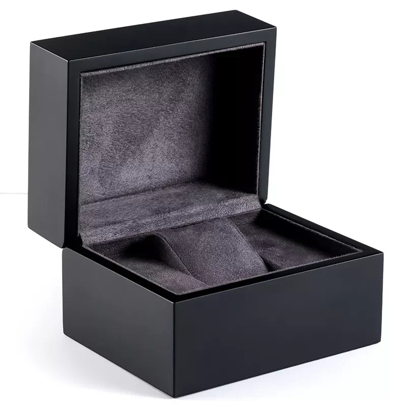 In Stock Luxury Matte Varnish Wooden Rectangle Watch Box with Sustainable Eco-Friendly Custom Logo Black Interior Suede Position